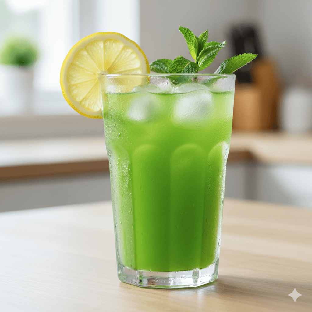 A stunning, well-lit close-up of the final product. A tall, chilled glass, frosted with condensation, is filled with a luminous, bright green detox juice. A few ice cubes and a fresh mint sprig float inside, with a thin slice of lemon perched on the rim. The glass sits on a light wood surface, with a subtle, blurred background suggesting a bright and airy morning kitchen. The image evokes freshness, health, and immediate enjoyment.