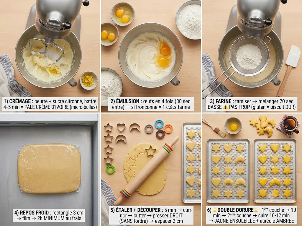 4:3 flat lay, 6 étapes Milanais suisses (3 top + 3 bottom) :
1) Crémage : beurre + sucre citronné, battre 4-5 min = PÂLE CRÈME D'IVOIRE (micro-bulles).
2) Émulsion : œufs en 4 fois (30 sec entre) — si tronçonne = 1 c.à.s farine.
3) Farine : tamiser → mélanger 20 sec BASSE ⚠️ PAS TROP (gluten = biscuit DUR).
4) Repos froid : rectangle 3 cm → film → 2h MINIMUM au frais.
5) Étaler + découper : 5 mm → cutter → presser DROIT (SANS tordre) → espacer 2 cm.
6) ⭐Double dorure⭐ : 1ère couche → 10 min → 2ème couche → cuire 10-12 min → JAUNE ENSOLEILLÉ + auréole AMBRÉE. Stylé avec biscuits finis, vin chaud. Photoréaliste, éducatif, artisanal, pas de personnes.