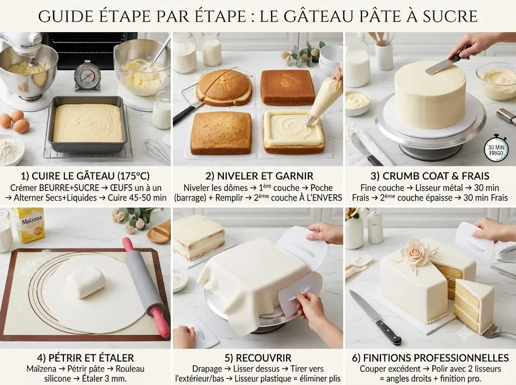 4:3 flat lay, 6 étapes gâteau pâte à sucre (3 top + 3 bottom) :
1) Cuire : four 175°C — crémer beurre+sucre → œufs un par un → alterner secs+liquides → cuire 45-50 min → refroidir.
2) Niveler + garnir : niveler les dômes → 1ère couche → poche (barrage) + remplir → 2ème couche À L'ENVERS.
3) Crumb coat : fine couche → lisseur métal → 30 min frais → 2ème couche épaisse → 30 min frais.
4) Pétrir + étaler : Maïzena → pétrir pâte → rouleau silicone → étaler 3 mm.
5) Recouvrir : drapage → lisser dessus → tirer vers l'extérieur/bas → lisseur plastique = éliminer plis.
6) Finitions : couper excédent → polir avec 2 lisseurs = angles droits + finition pro. Stylé avec gâteau fini, part coupée. Photoréaliste, élégant, éducatif, pas de personnes.
gateau pate a sucre 7 secrets pour le reussir